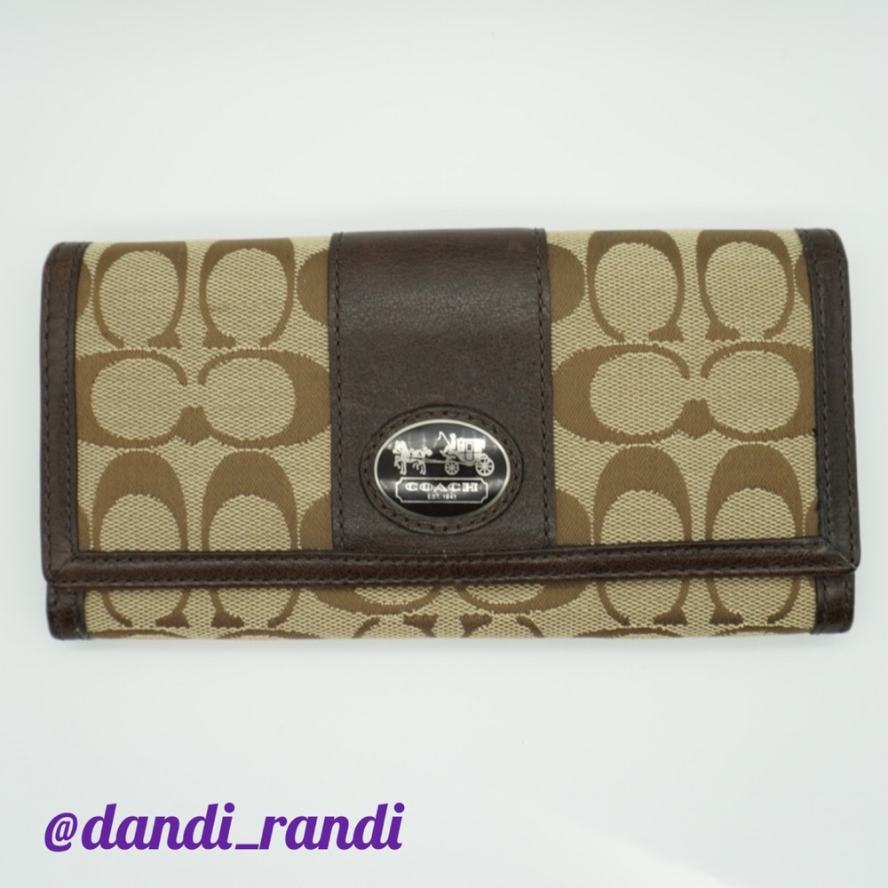🆑 Coach Signature C Jacquard Bifold Wallet Brown & Tan Lavender Inside